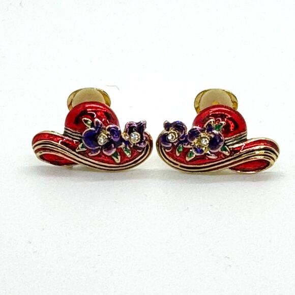 Vintage Red Hat Society Ladies Enamel Clip On Earrings Gold Metal Purple Flowers - Picture 1 of 5